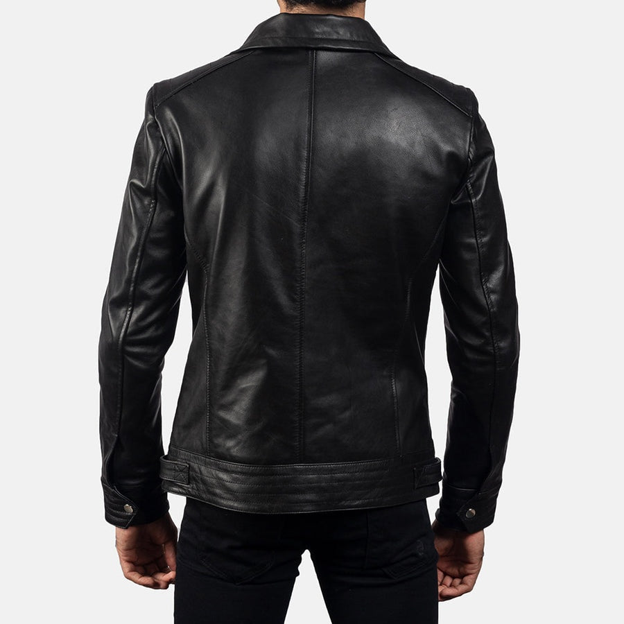 Phantom Men's Black Leather Moto Jacket back view – VOOLUP