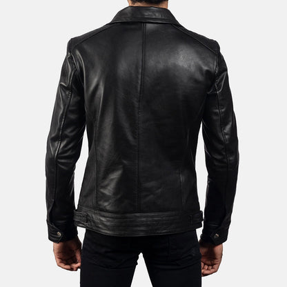Phantom Men's Black Leather Moto Jacket back view – VOOLUP