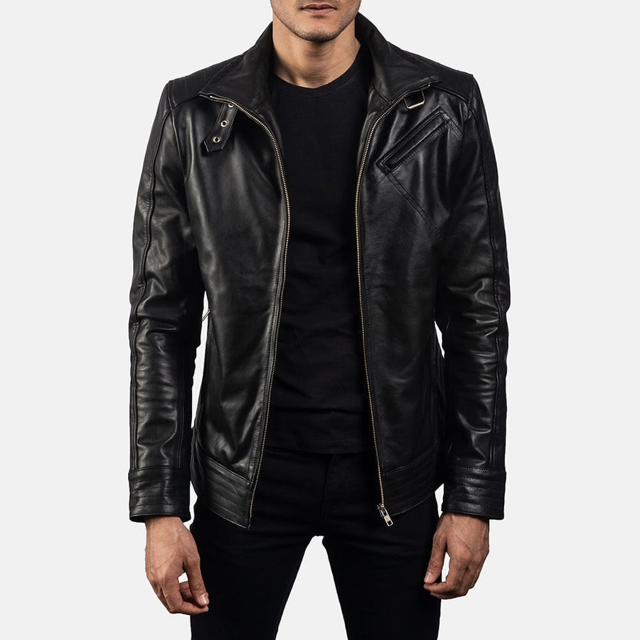 Phantom men's black genuine leather moto jacket front closeup – VOOLUP