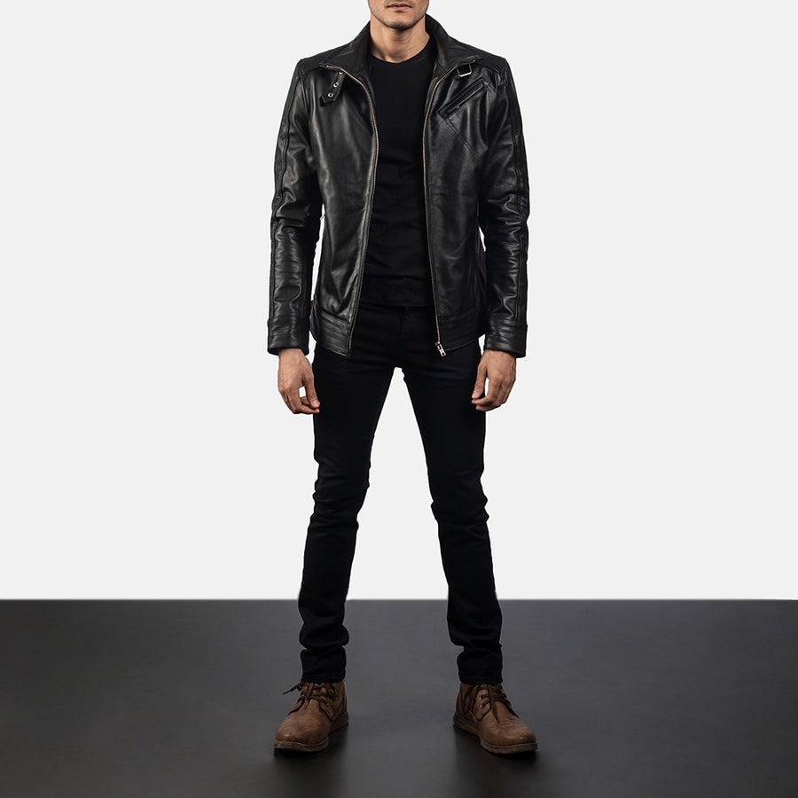 Phantom Men's Black Leather Moto Jacket front view – VOOLUP