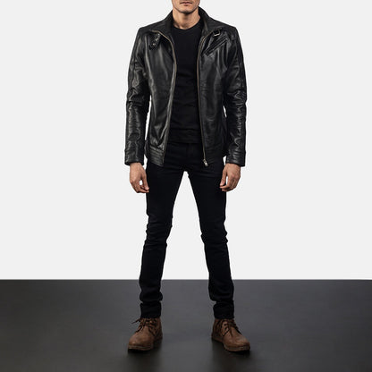 Phantom Men's Black Leather Moto Jacket front view – VOOLUP