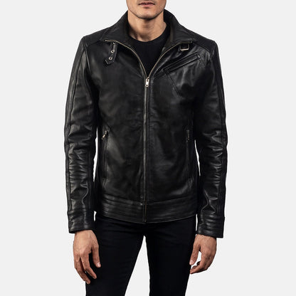 Phantom Men's Black Leather Moto Jacket front closed detail – VOOLUP