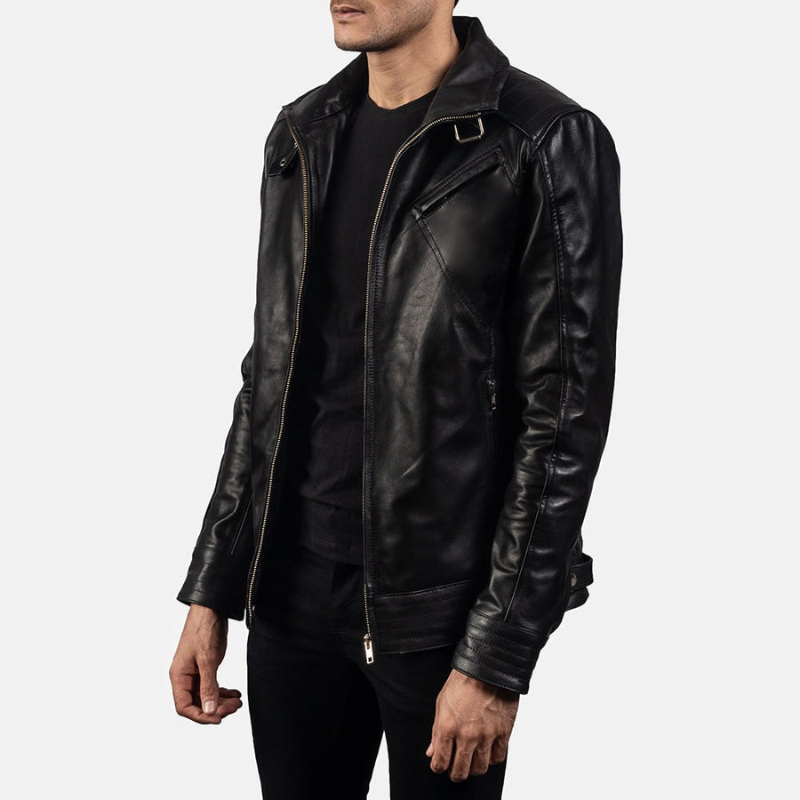 Phantom Men's Black Leather Moto Jacket model side view – VOOLUP