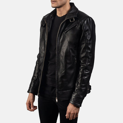 Phantom Men's Black Leather Moto Jacket model side view – VOOLUP