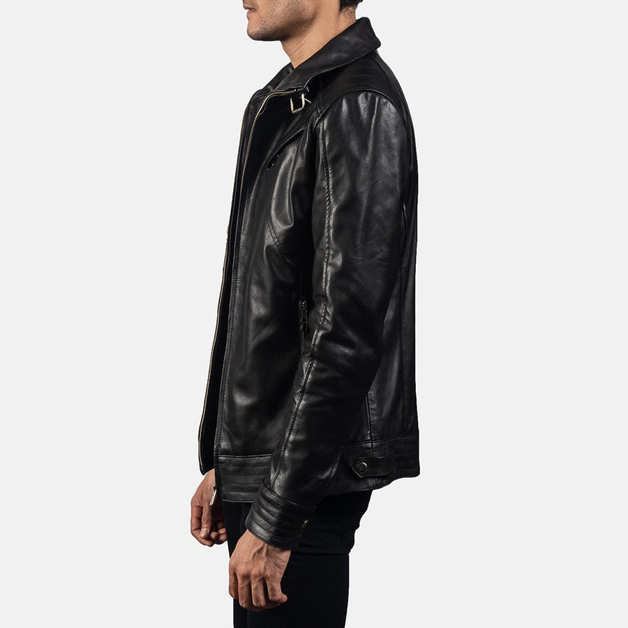 Phantom Men's Black Leather Moto Jacket side view – VOOLUP