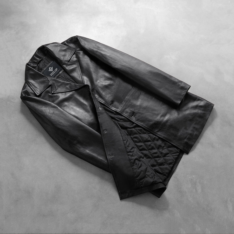 Phantom Men's Black Leather Trench Coat lifestyle detail – VOOLUP