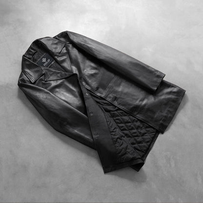 Phantom Men's Black Leather Trench Coat lifestyle detail – VOOLUP