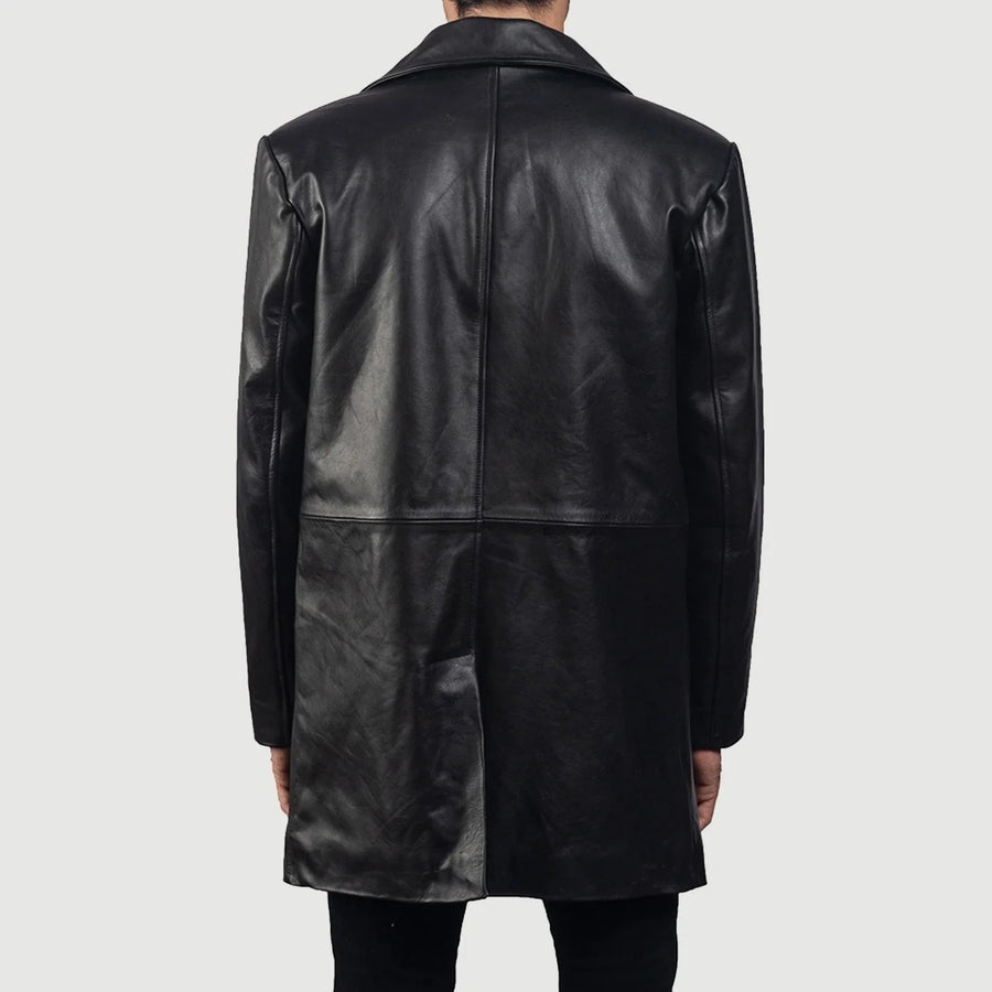 Phantom Men's Black Leather Trench Coat back view – VOOLUP