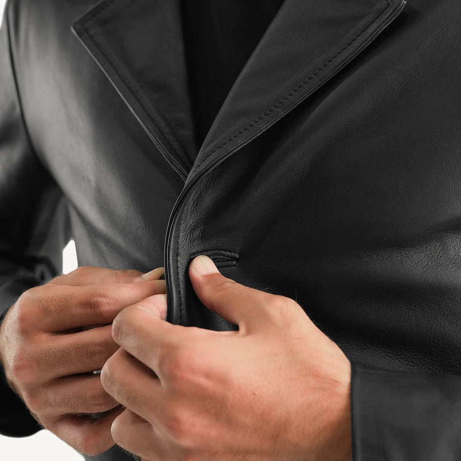 Phantom Men's Black Leather Trench Coat detail closeup – VOOLUP