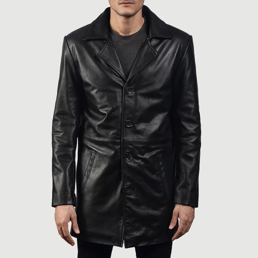 Phantom Men's Black Leather Trench Coat front closed view – VOOLUP