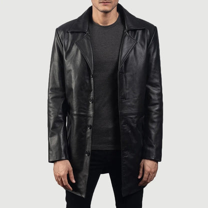 Phantom men's black genuine leather trench coat front open view – VOOLUP