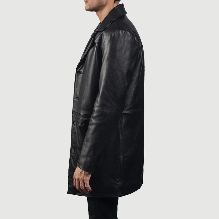 Phantom Men's Black Leather Trench Coat side view – VOOLUP