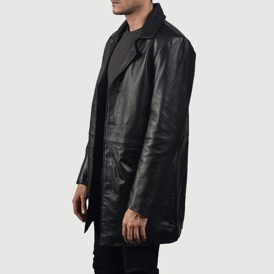 Phantom Men's Black Leather Trench Coat side view alternate – VOOLUP