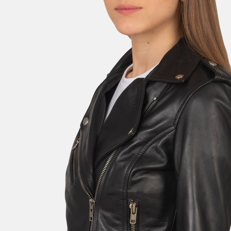 Phoenix Women's Black Leather Biker Jacket detail closeup – VOOLUP