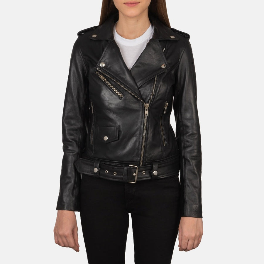 Phoenix women's black genuine leather biker jacket front closeup – VOOLUP
