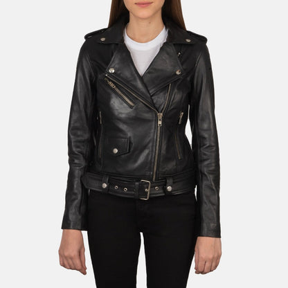 Phoenix women's black genuine leather biker jacket front closeup – VOOLUP