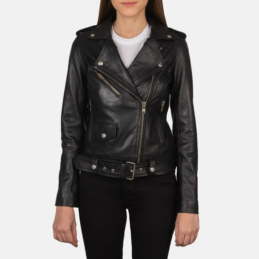 Phoenix women's black genuine leather biker jacket front closeup – VOOLUP
