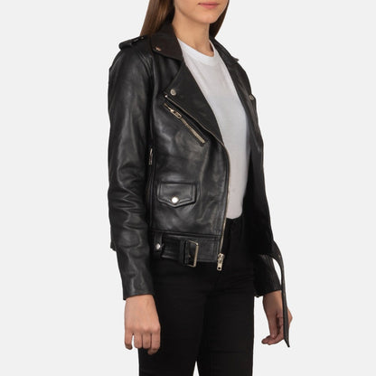 Phoenix Women's Black Leather Biker Jacket model side view – VOOLUP