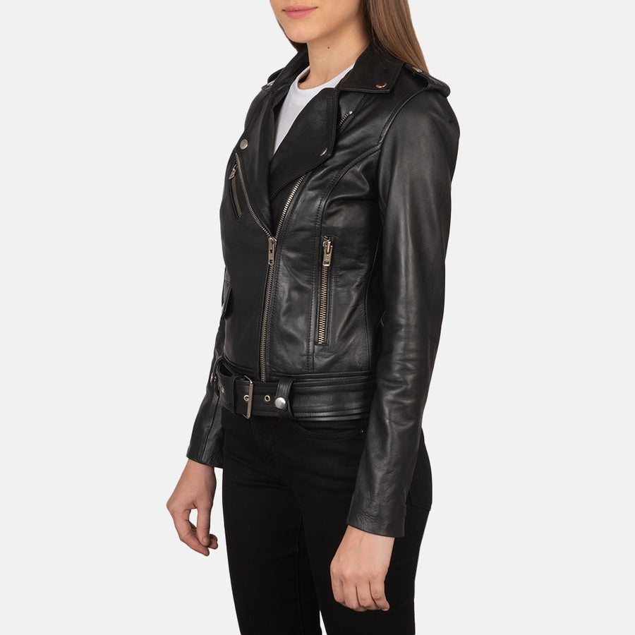 Phoenix Women's Black Leather Biker Jacket model side and back view – VOOLUP