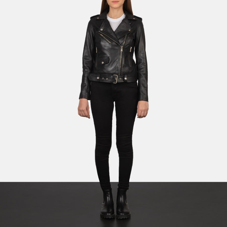 Phoenix Women's Black Leather Biker Jacket front view – VOOLUP