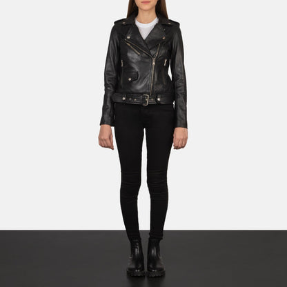 Phoenix Women's Black Leather Biker Jacket front view – VOOLUP