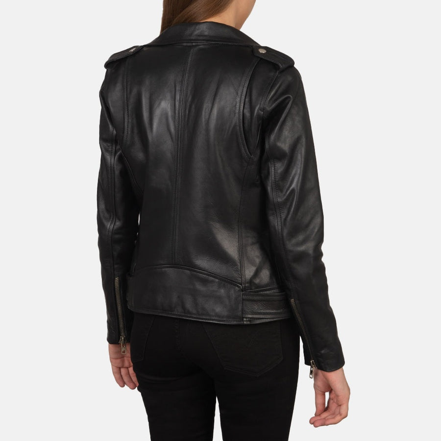 Phoenix Women's Black Leather Biker Jacket back view – VOOLUP