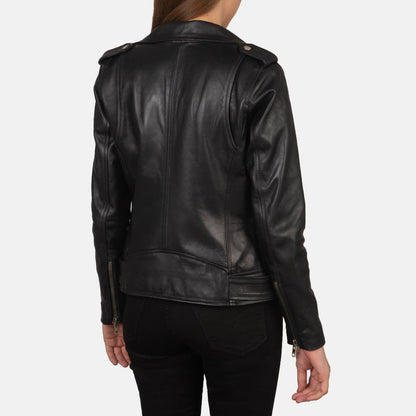 Phoenix Women's Black Leather Biker Jacket back view – VOOLUP