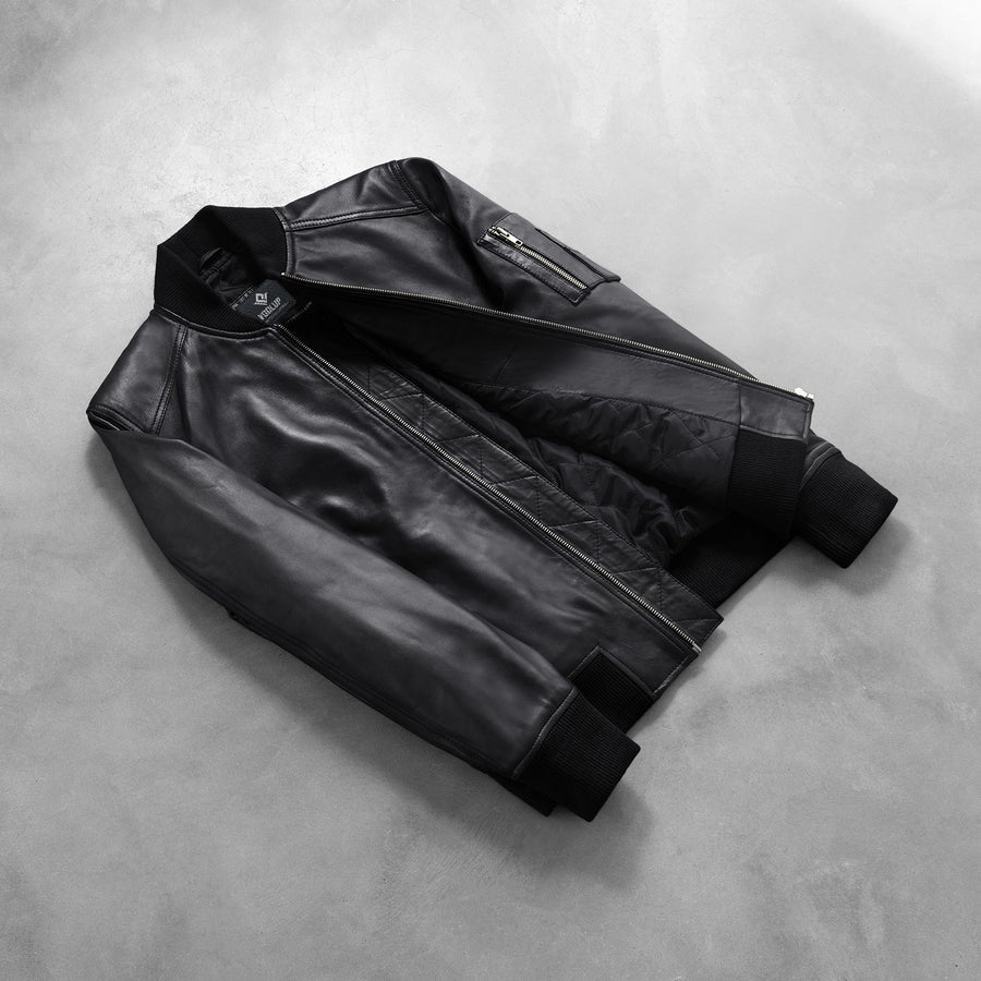 Stealth Men's Black Leather Bomber Jacket lifestyle view – VOOLUP