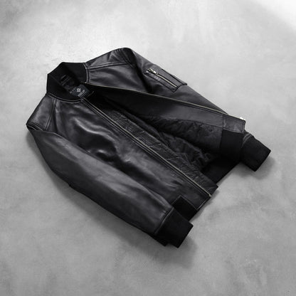 Stealth Men's Black Leather Bomber Jacket lifestyle view – VOOLUP