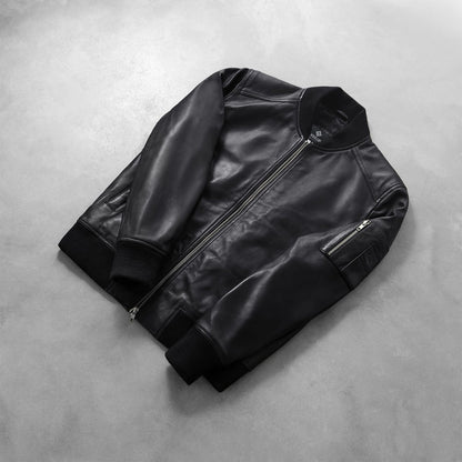 Stealth Men's Black Leather Bomber Jacket lifestyle detail – VOOLUP