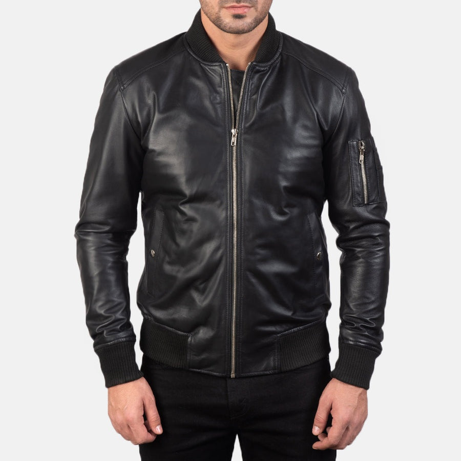 Stealth Men's Black Leather Bomber Jacket front closed detail – VOOLUP