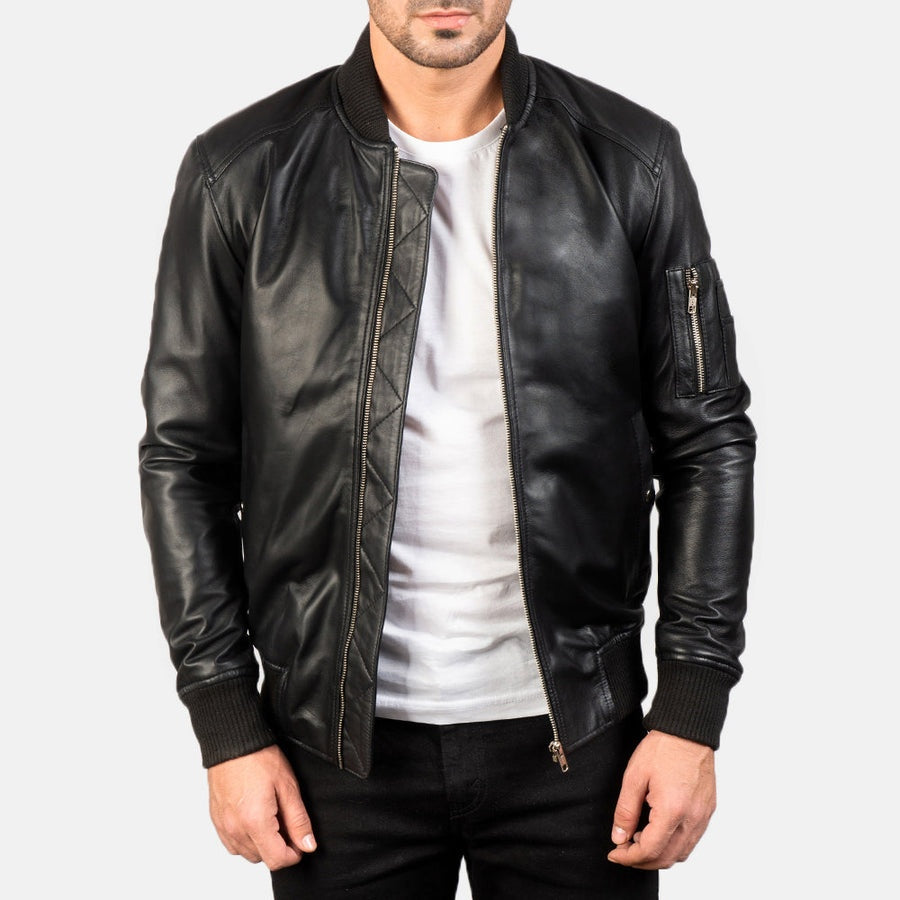 Stealth men's black genuine leather bomber jacket front closeup – VOOLUP