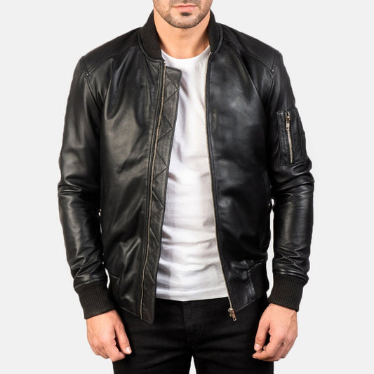 Stealth men's black genuine leather bomber jacket front closeup – VOOLUP
