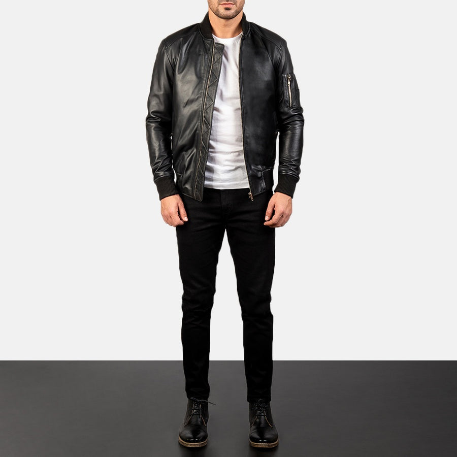Stealth Men's Black Leather Bomber Jacket front view – VOOLUP