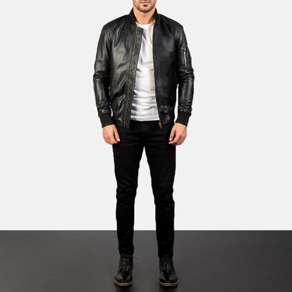 Stealth Men's Black Leather Bomber Jacket front view – VOOLUP