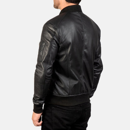 Stealth Men's Black Leather Bomber Jacket side and back view – VOOLUP