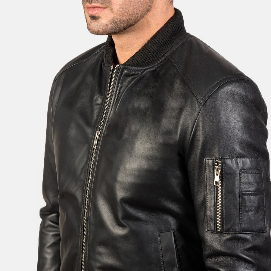 Stealth Men's Black Leather Bomber Jacket side detail closeup – VOOLUP