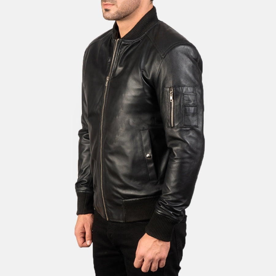 Stealth Men's Black Leather Bomber Jacket side view – VOOLUP