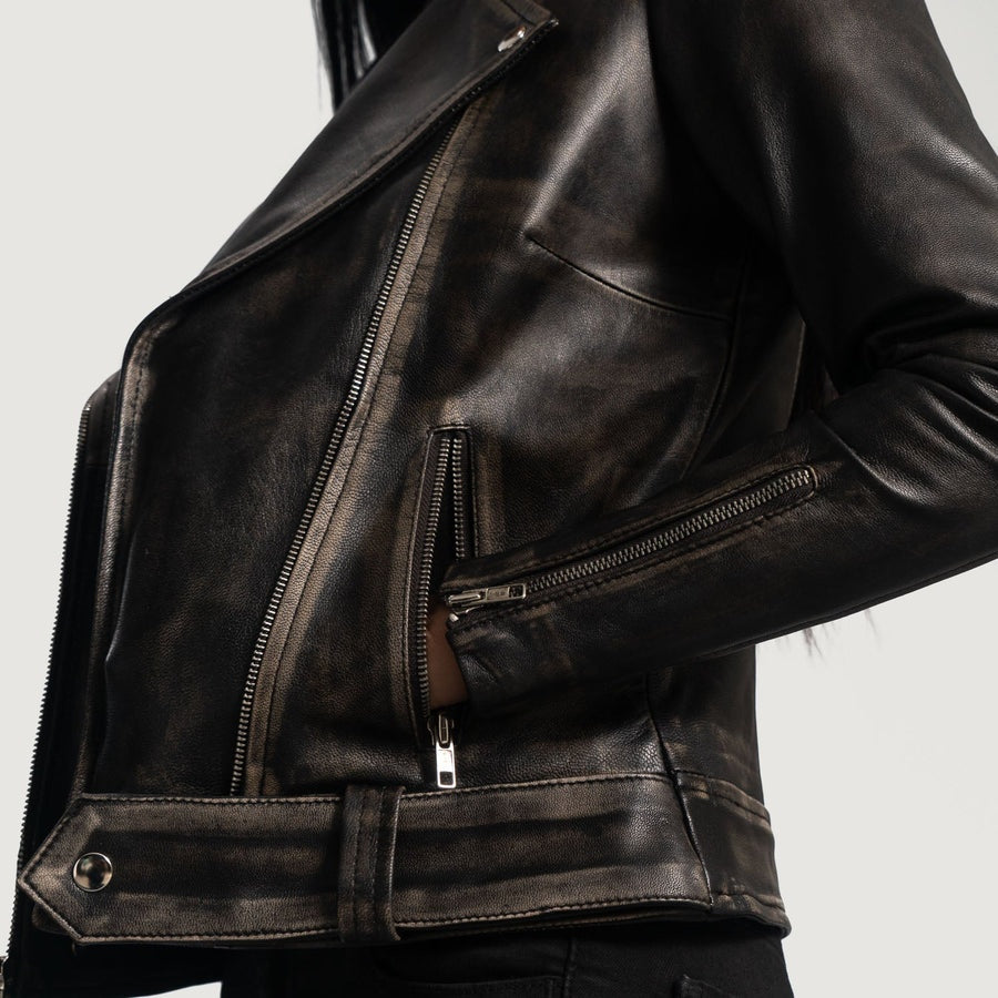 Storm Women's Distressed Black Leather Biker Jacket detail closeup – VOOLUP