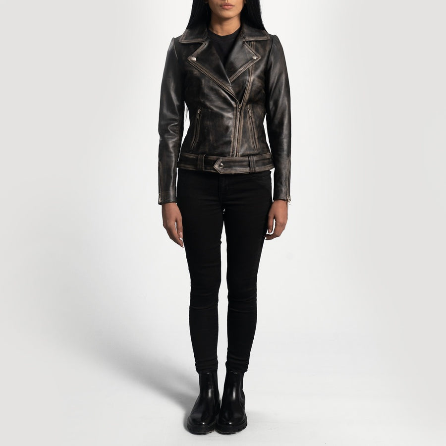 Storm Women's Distressed Black Leather Biker Jacket front view – VOOLUP