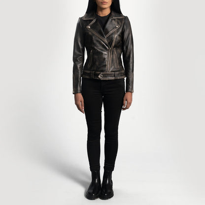 Storm Women's Distressed Black Leather Biker Jacket front view – VOOLUP