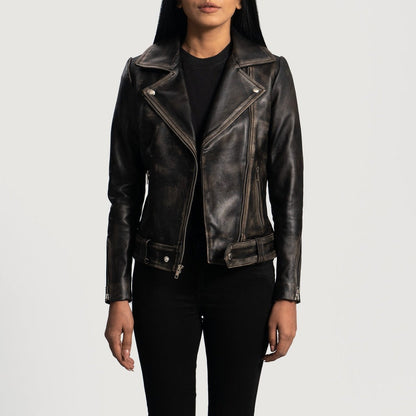 Storm Women's Distressed Black Leather Biker Jacket front closed closeup – VOOLUP