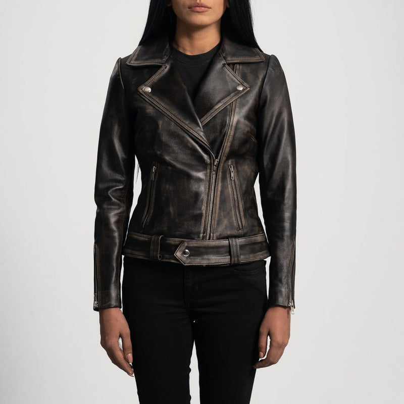 Storm women's distressed black genuine leather biker jacket front view – VOOLUP