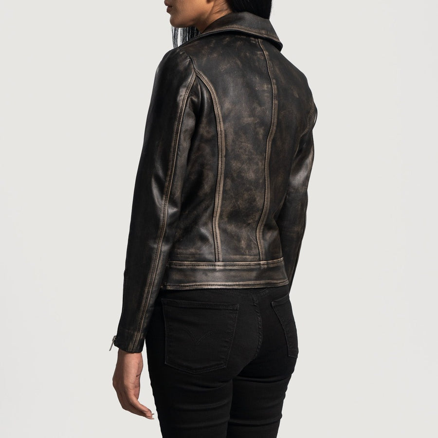 Storm Women's Distressed Black Leather Biker Jacket model side and back view – VOOLUP