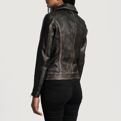 Storm Women's Distressed Black Leather Biker Jacket model side and back view – VOOLUP
