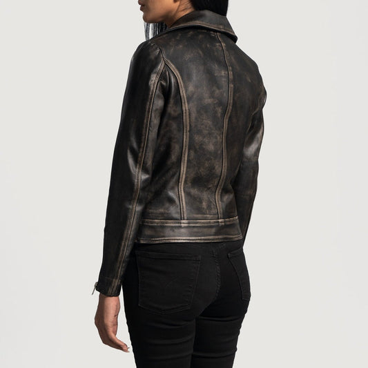 Storm Women's Distressed Black Leather Biker Jacket model side and back view – VOOLUP