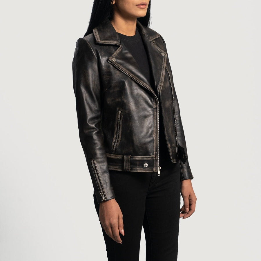 Storm Women's Distressed Black Leather Biker Jacket side view – VOOLUP