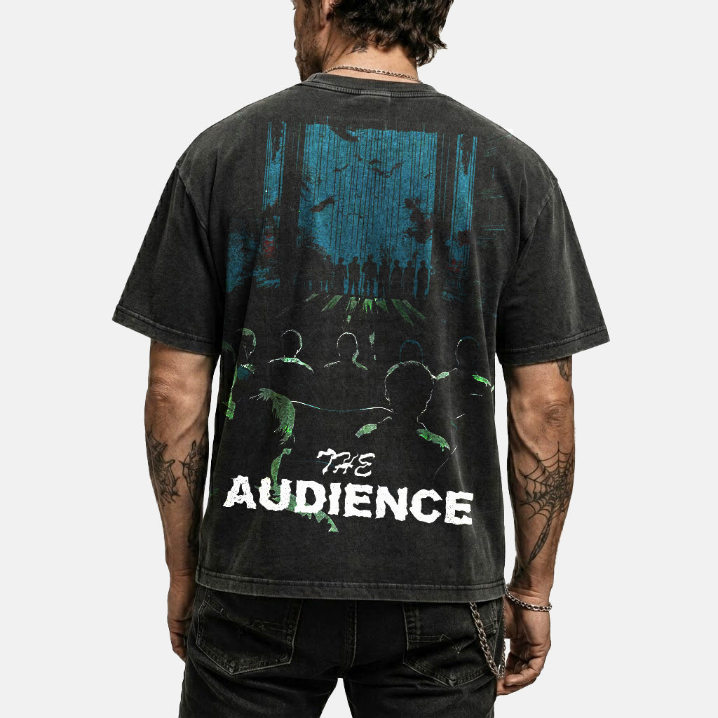 The Audience washed black graphic tee back print design, mens streetwear by VOOLUP
