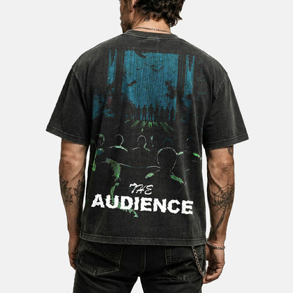 The Audience washed black graphic tee back print design, mens streetwear by VOOLUP