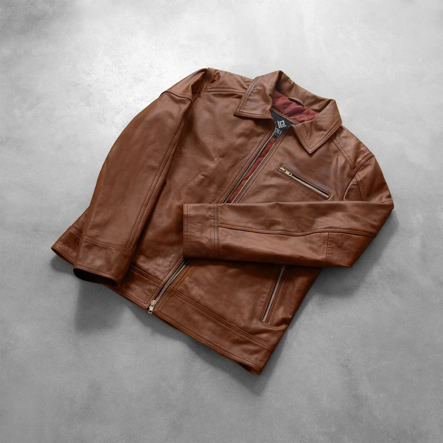 Sierra Men's Brown Leather Jacket lifestyle view – VOOLUP